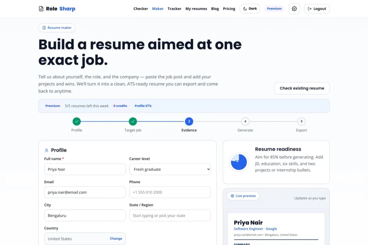 The RoleSharp builder: step wizard on the left, live resume preview updating on the right