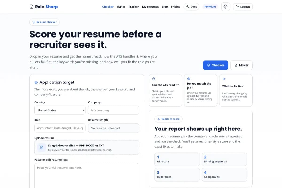 The RoleSharp ATS checker scoring a sample resume, with keyword matches and ranked fixes
